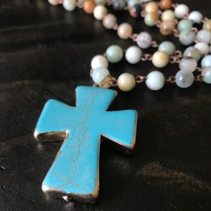 NEW Turquoise Cross Pendant Long Beaded Necklace